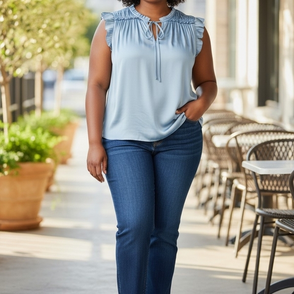 $4 FIRM 🌟FINAL MARK DOWN🌟 LOFT Light Blue Green Ruffle Sleeveless Blouse - Picture 3 of 9